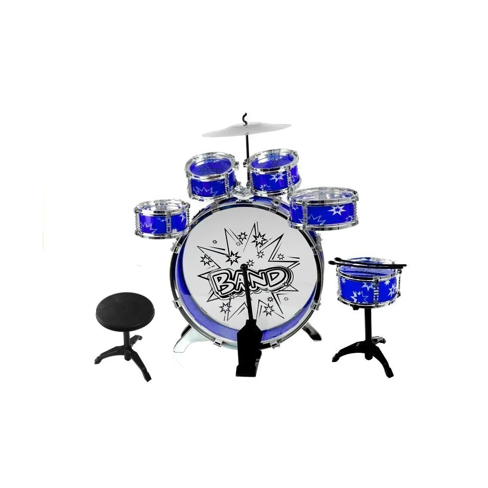 Niebieska perkusja dziecięca z 6 bębnami, talerzem i stołeczkiem