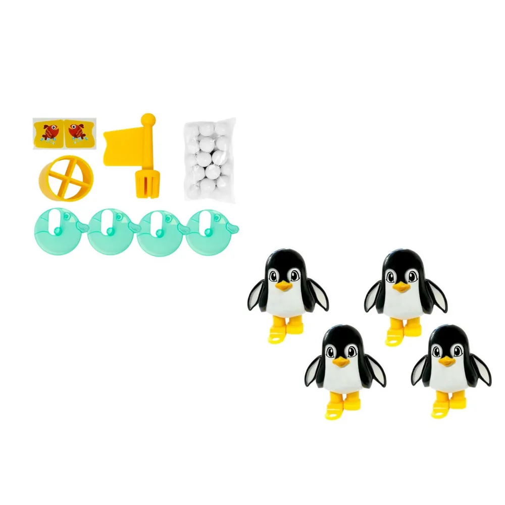 Zbliżenie na detale gry zręcznościowej z pingwinami i śnieżkami na lodowcu