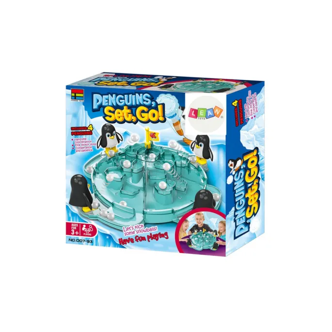 Cały zestaw gry rodzinnej Lodowiec Pingwinów Podbijanie Piłek Śnieżek na białym tle