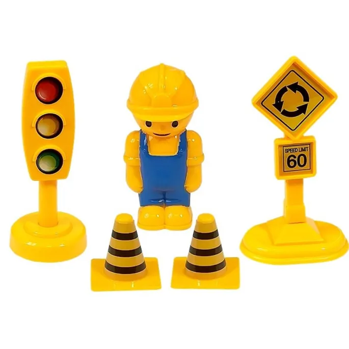Zestaw pojazdów budowlanych z figurką budowlańca dla najmłodszych