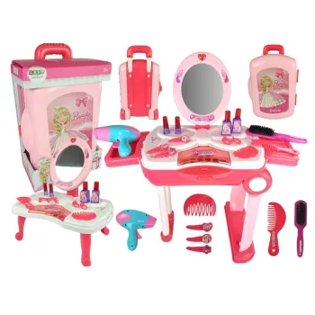 Rozkładana toaletka z akcesoriami do makijażu dla dzieci w różowej walizce