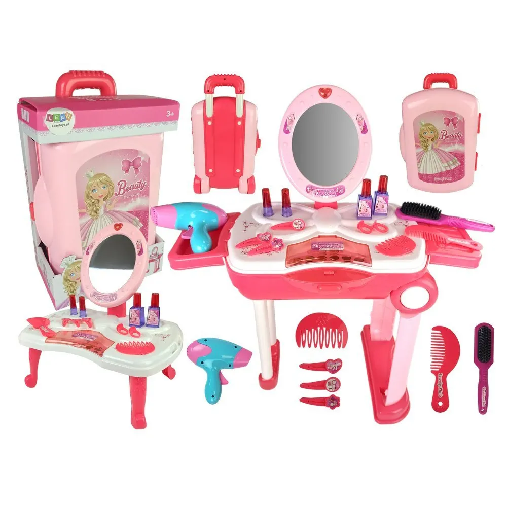 Rozkładana toaletka z akcesoriami do makijażu dla dzieci w różowej walizce