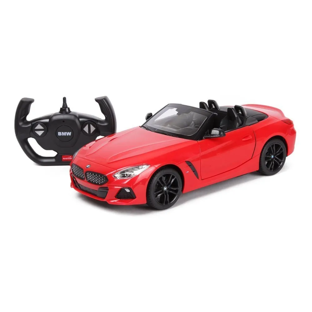 Czerwony model R/C BMW Z4 Roadster w skali 1:14 na białym tle
