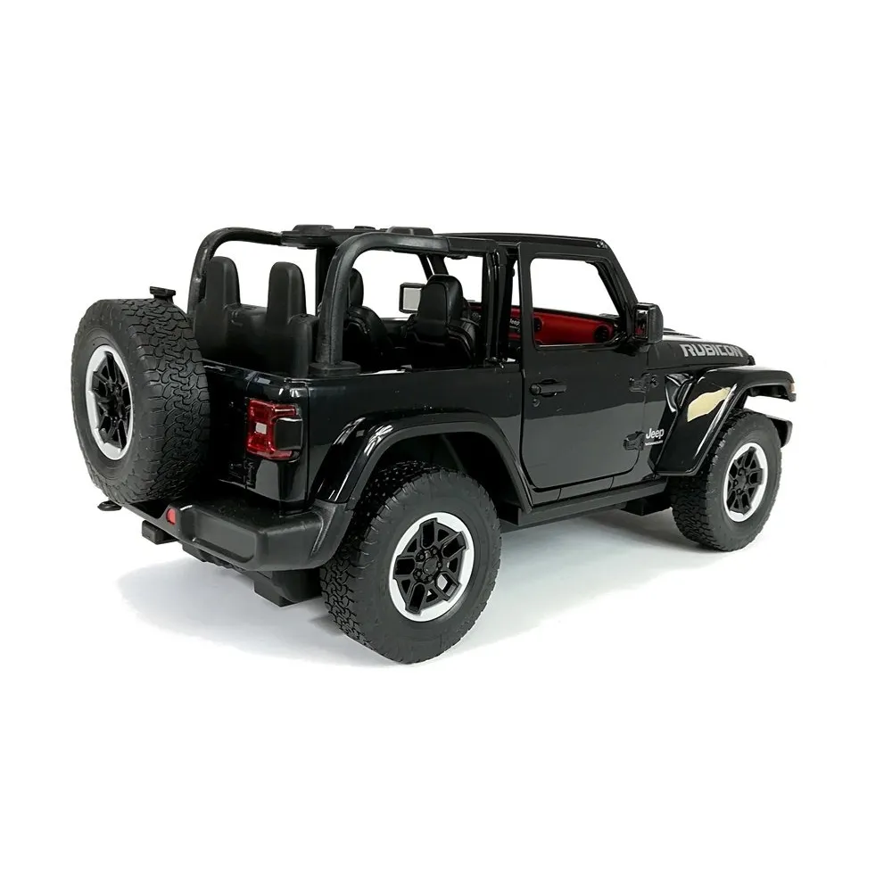 Widok bokiem na czarny samochód zdalnie sterowany Jeep Wrangler Rubicon 1:14