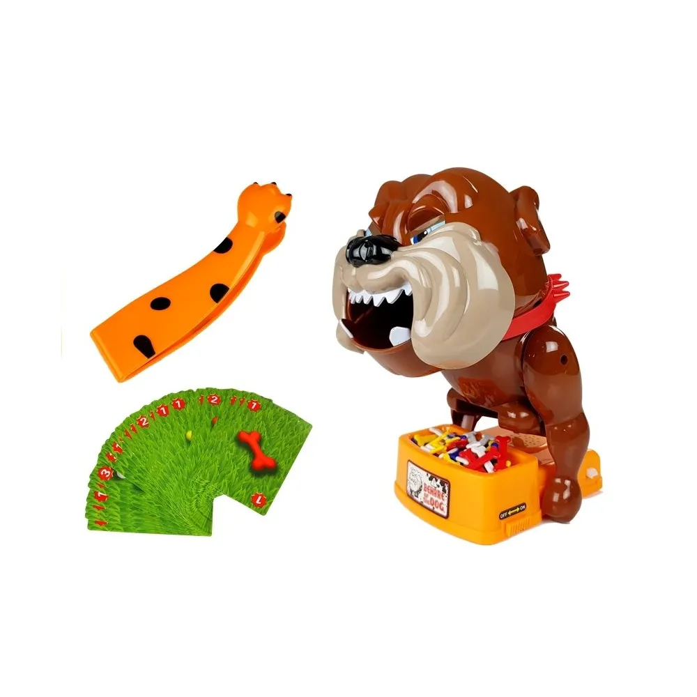 Elementy gry Zły Pies Kości: pies, miska, kości i chwytak