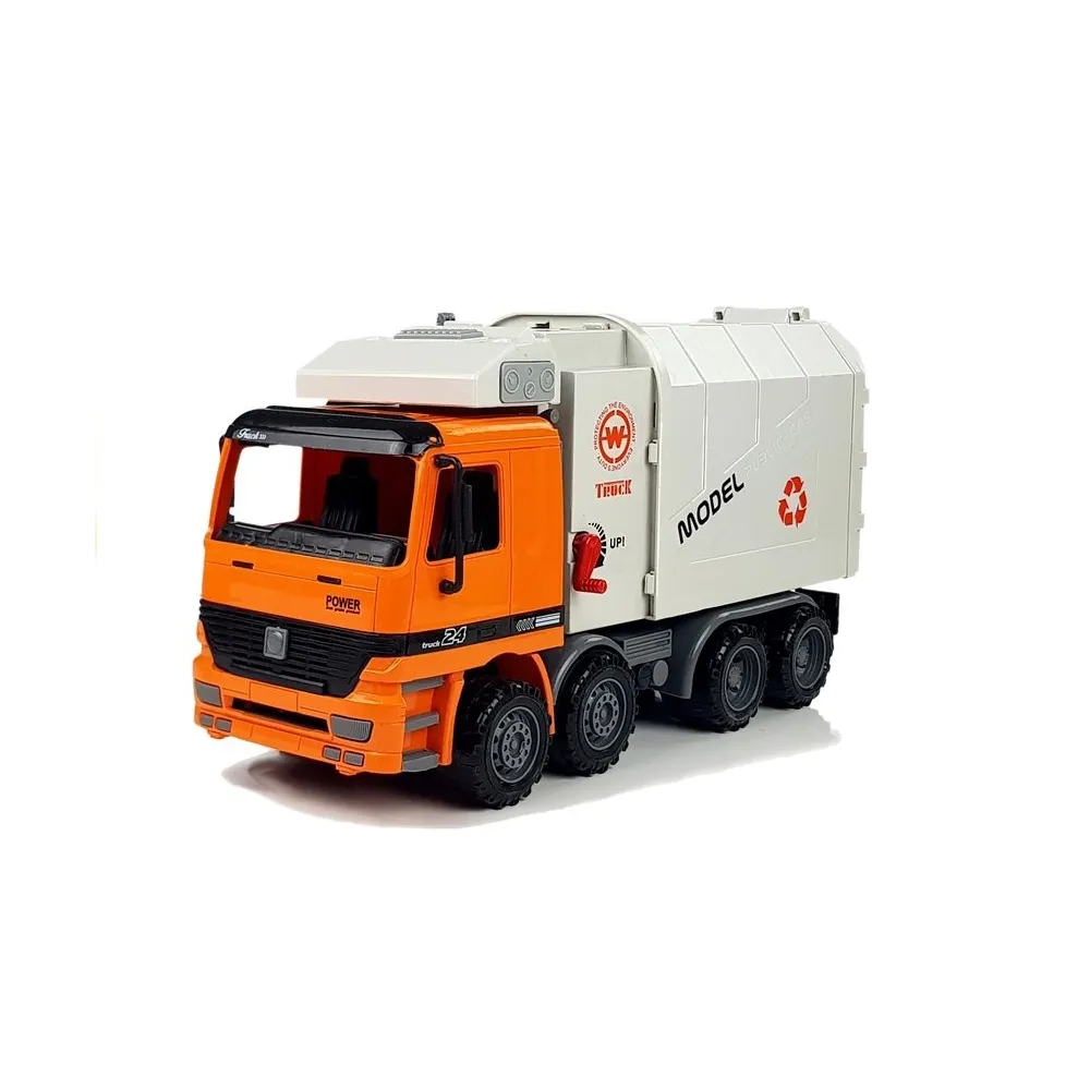 Zabawka śmieciarka z otwartą kabiną i bieżnikowanymi kołami