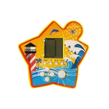 Zbliżenie na żółtą elektroniczną grę kieszonkową Tetris z wyświetlaczem LCD