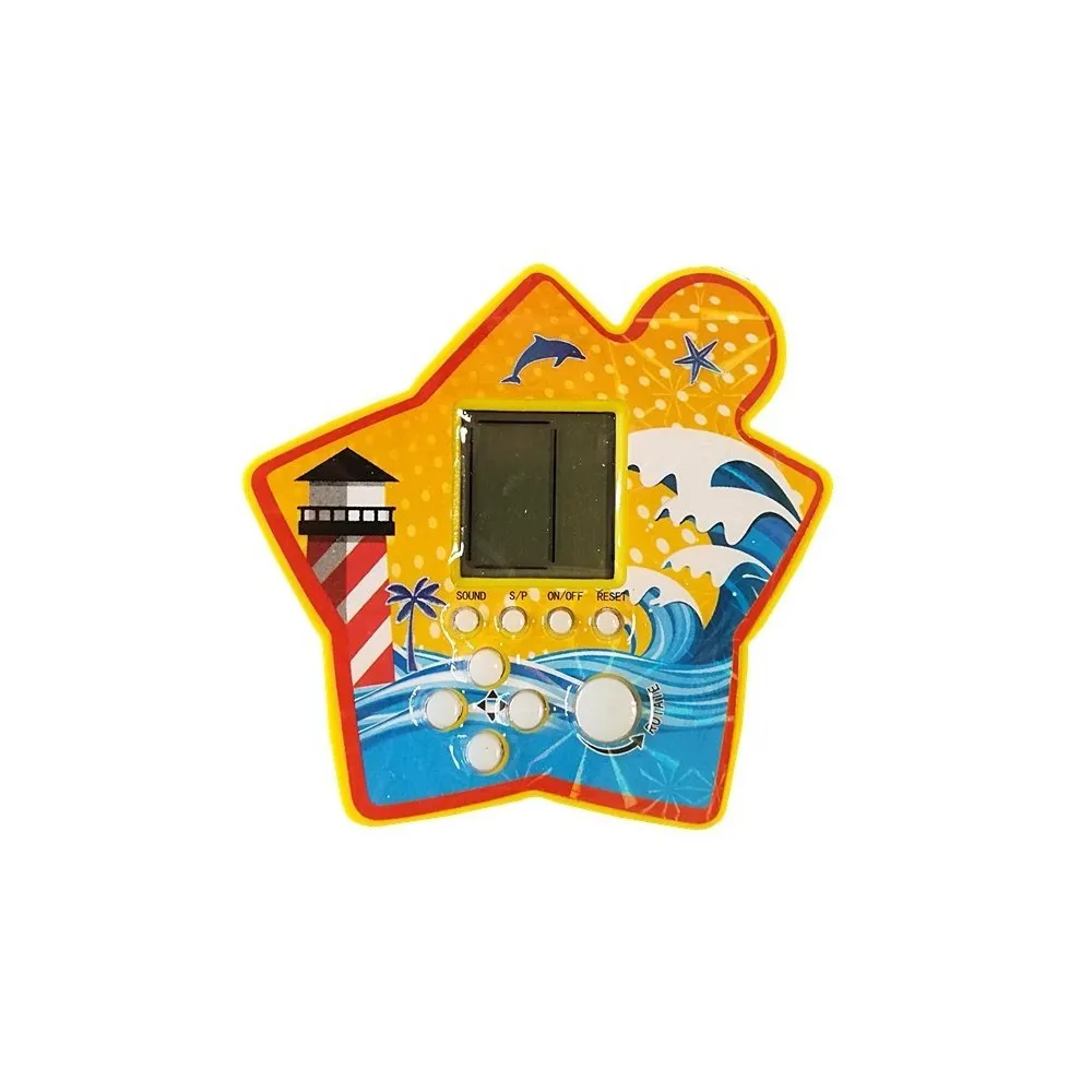 Zbliżenie na żółtą elektroniczną grę kieszonkową Tetris z wyświetlaczem LCD