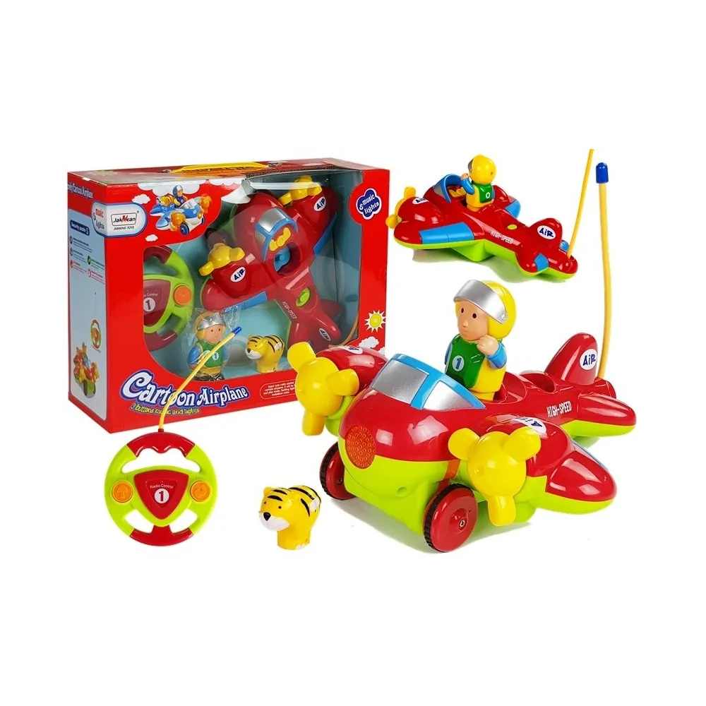 Kolorowy samolot zdalnie sterowany z pilotem kierownicą na tle białym