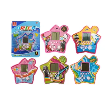 Fioletowa kieszonkowa gra Tetris w kształcie gwiazdki z żółtymi przyciskami