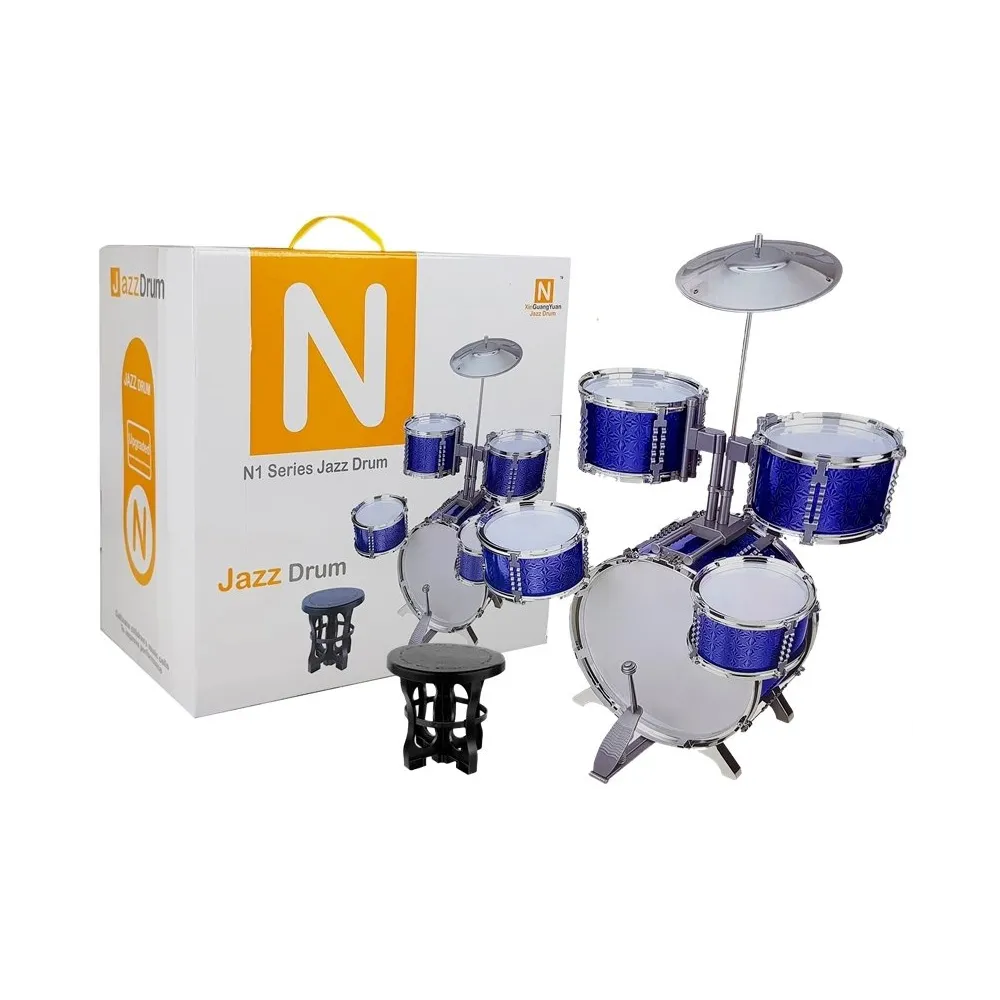 Niebieska perkusja dziecięca z krzesłem i pięcioma bębnami