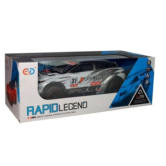 Widok całego zestawu RC z pilotem i akumulatorem na białym tle