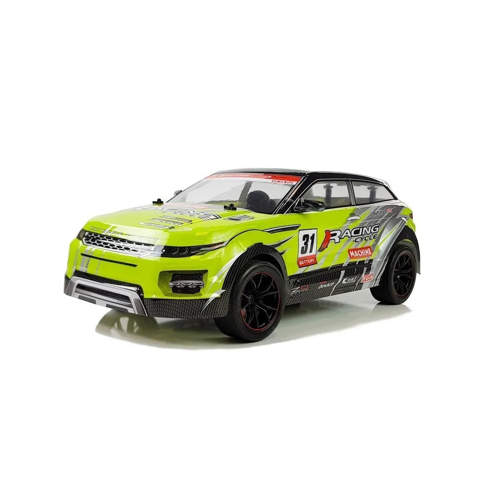 Auto wyścigowe R/C 1:10 zielone na gumowych kołach, widok z boku