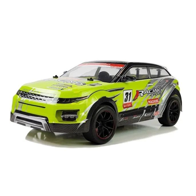 Auto wyścigowe R/C 1:10 zielone na gumowych kołach, widok z boku
