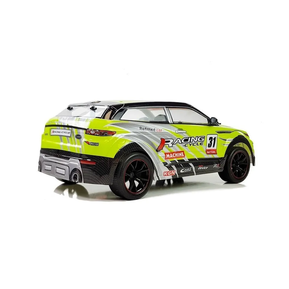 Zdalnie sterowane auto rajdowe 1:10 na białym tle, zielony kolor