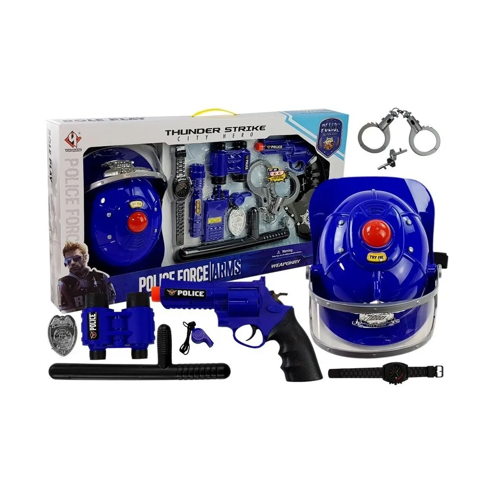 Niebieski zestaw policyjny z hełmem i akcesoriami dla dzieci