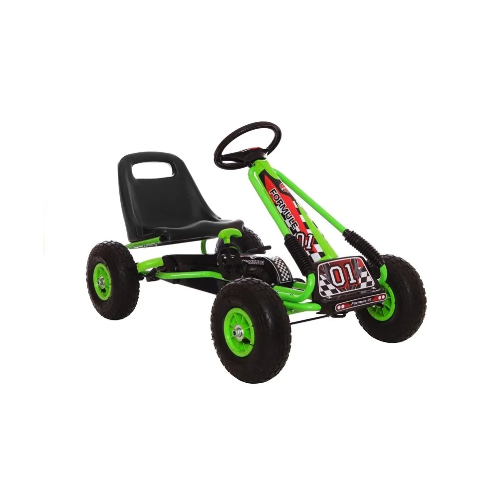 Gokart zielony A-15 z pompowanymi kołami na asfalcie