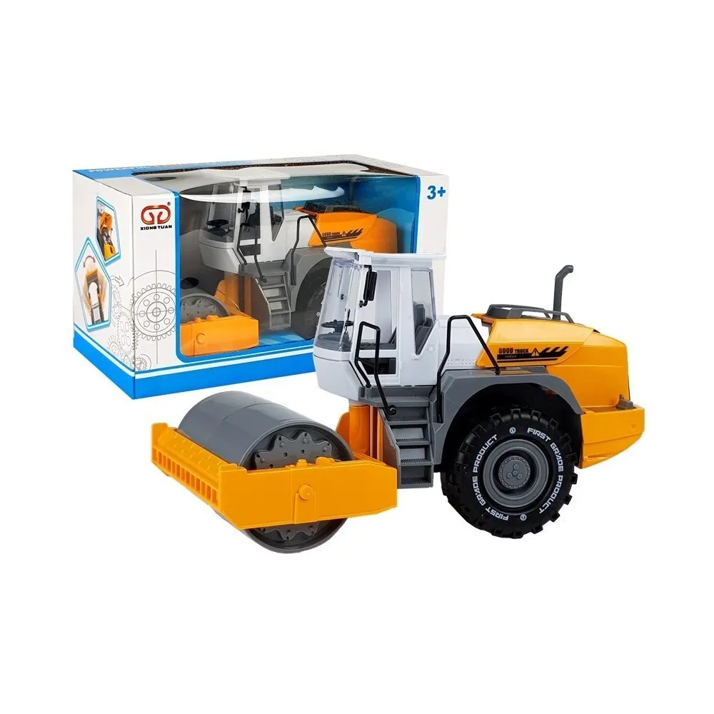 Walec drogowy z napędem i ruchomymi elementami na białym tle