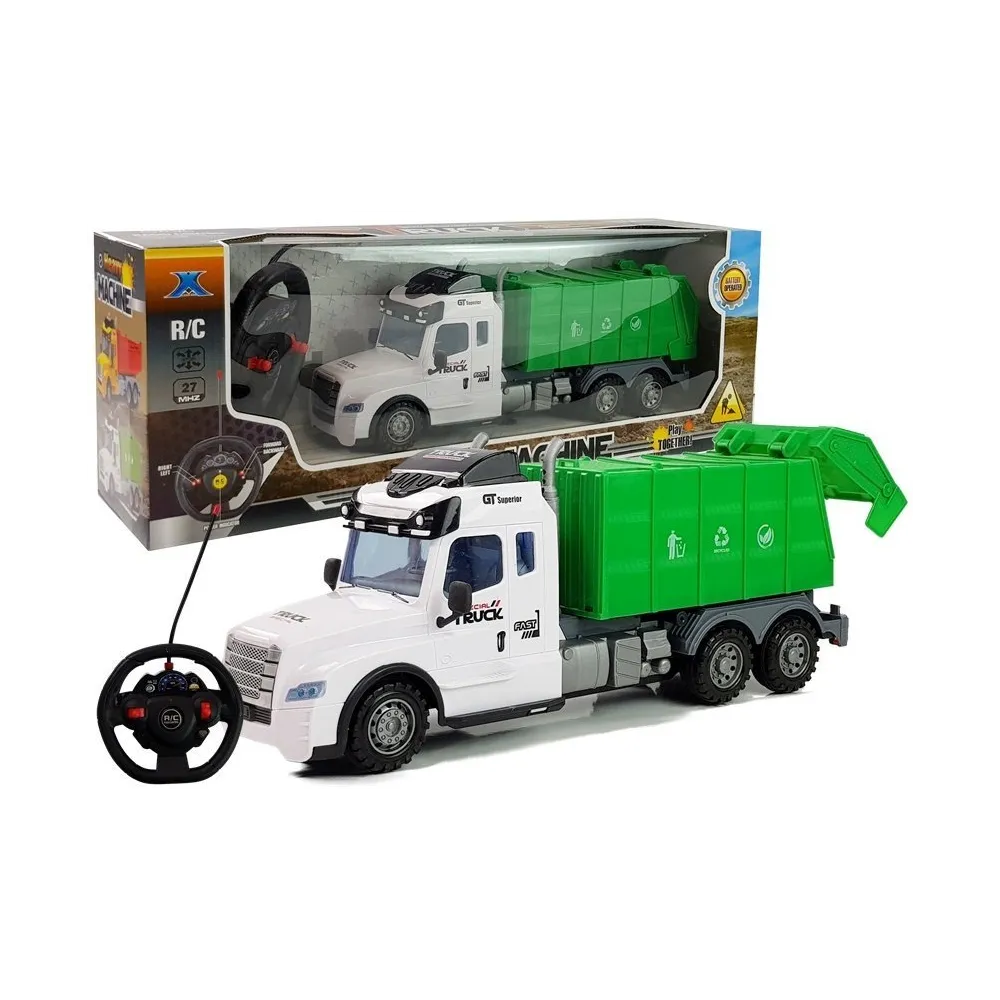 Biało-zielona śmieciarka zdalnie sterowana z pilotem na tle białym