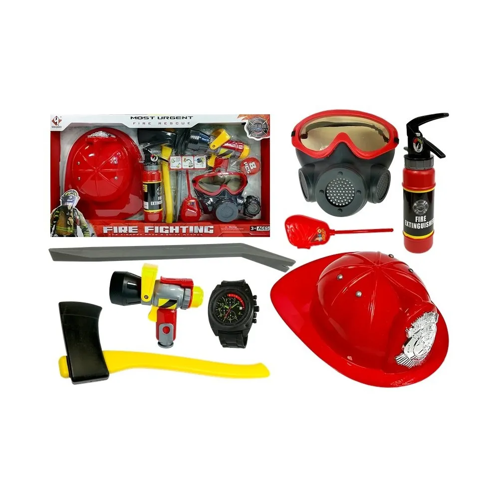 Zestaw Strażacki Kask Gaśnica Toporek Maska Łom Akcesoria Czerwony
