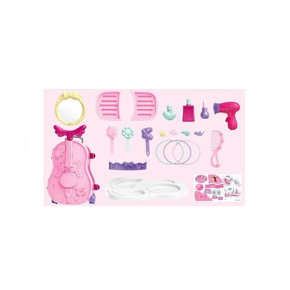 Kolorowa walizka na kółkach z akcesoriami do zabawy w piękność