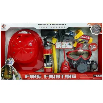 Zestaw Strażacki Kask Gaśnica Toporek Maska Łom Akcesoria Czerwony