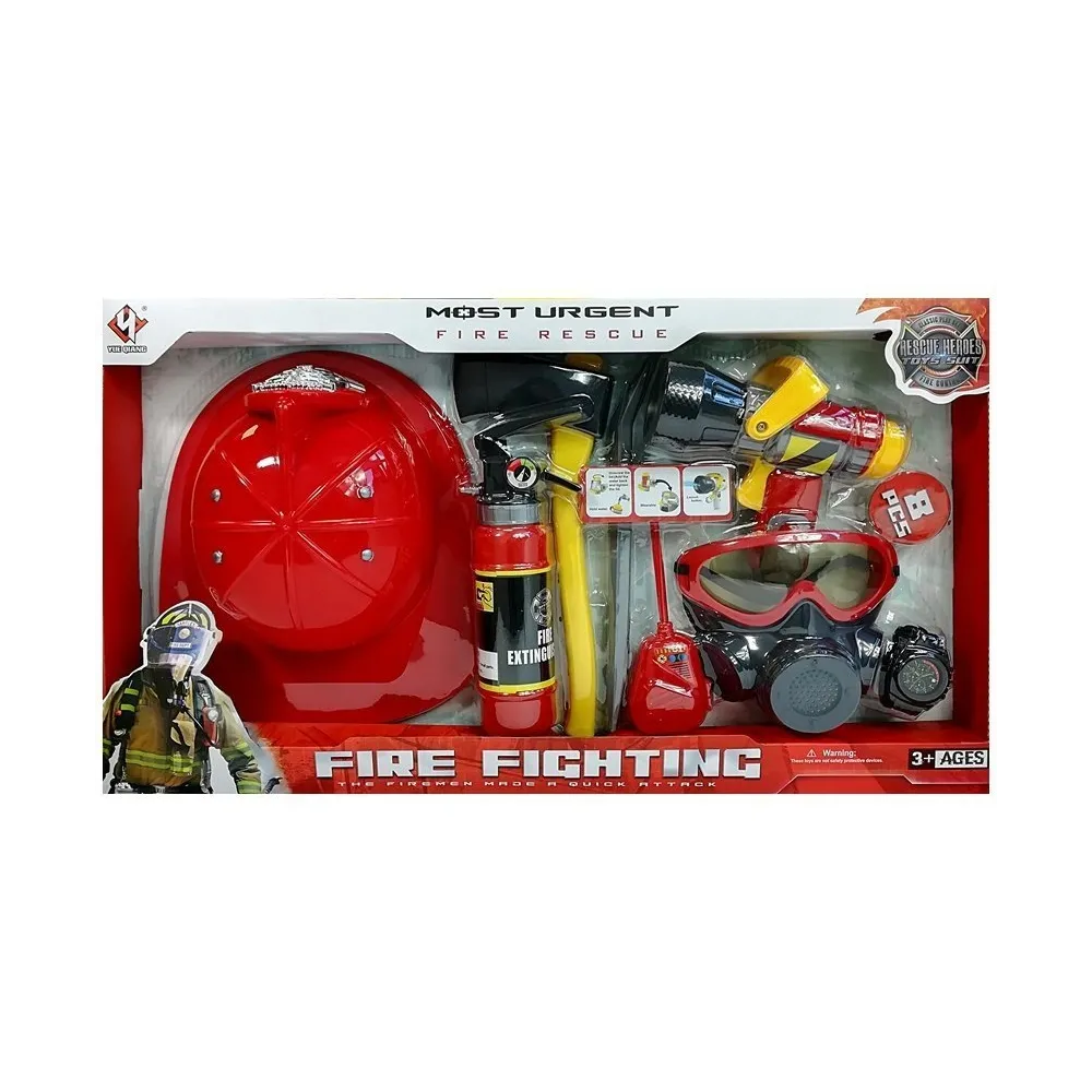 Zestaw Strażacki Kask Gaśnica Toporek Maska Łom Akcesoria Czerwony