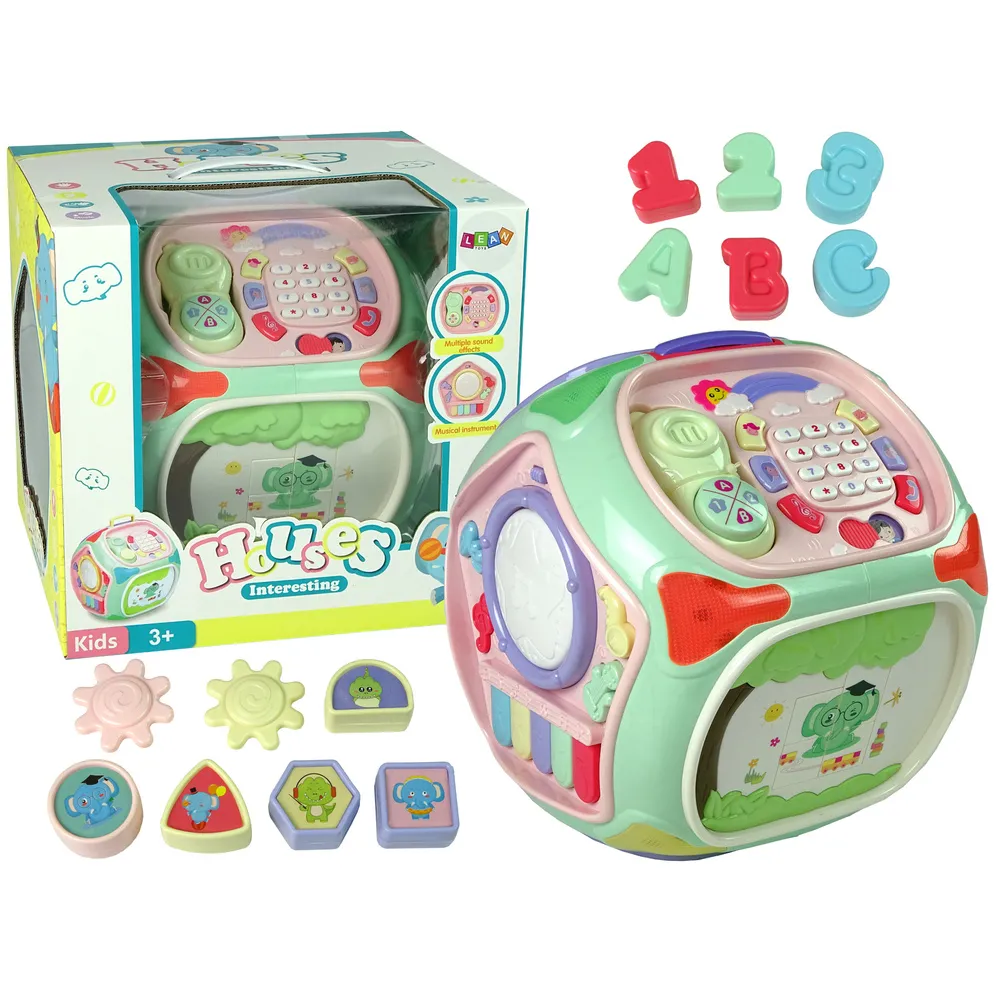 Widok interaktywnej kostki edukacyjnej z sorterem i pianinkiem