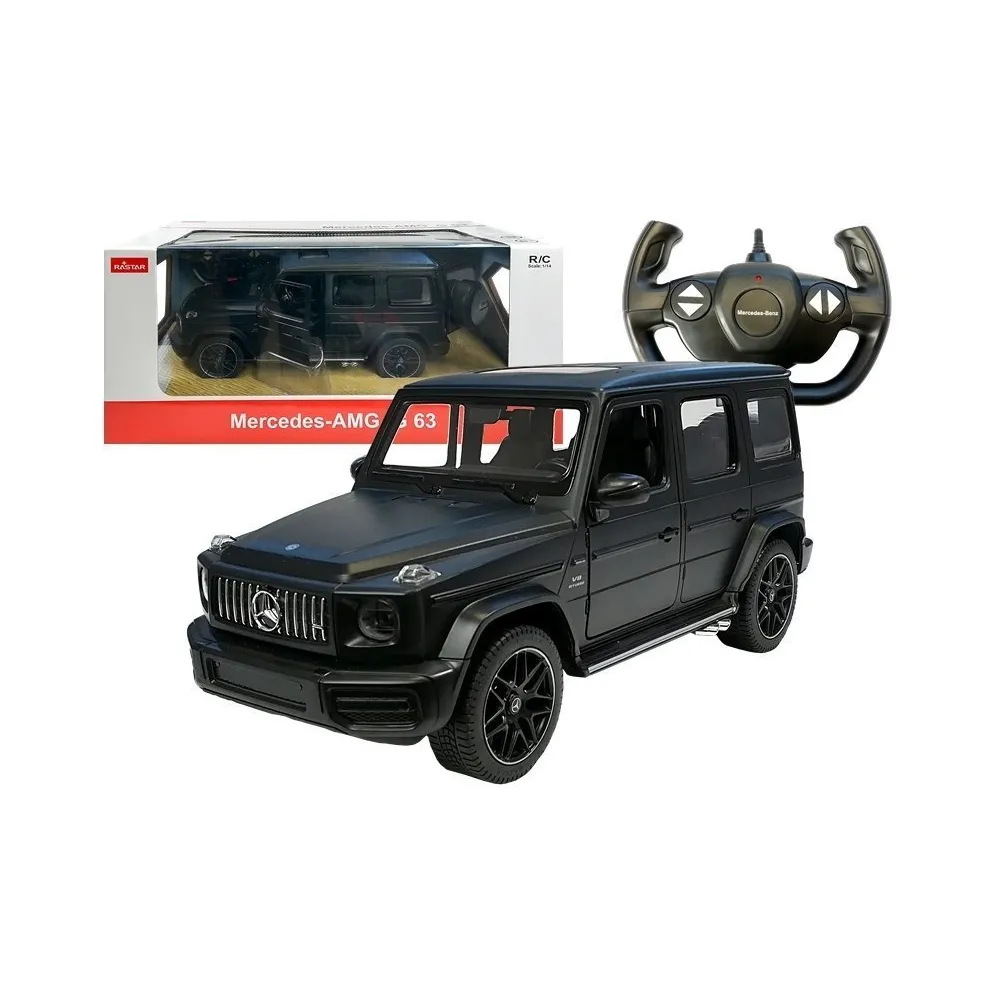 Mercedes G63 Rastar RC czarny z otwartymi drzwiami na białym tle