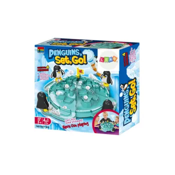 Zbliżenie na elementy gry Pingwiny na Lodowcu z obrotowymi platformami