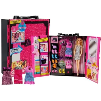 Szafa modowa dla lalek z różową walizką pełna akcesoriów do stylizacji