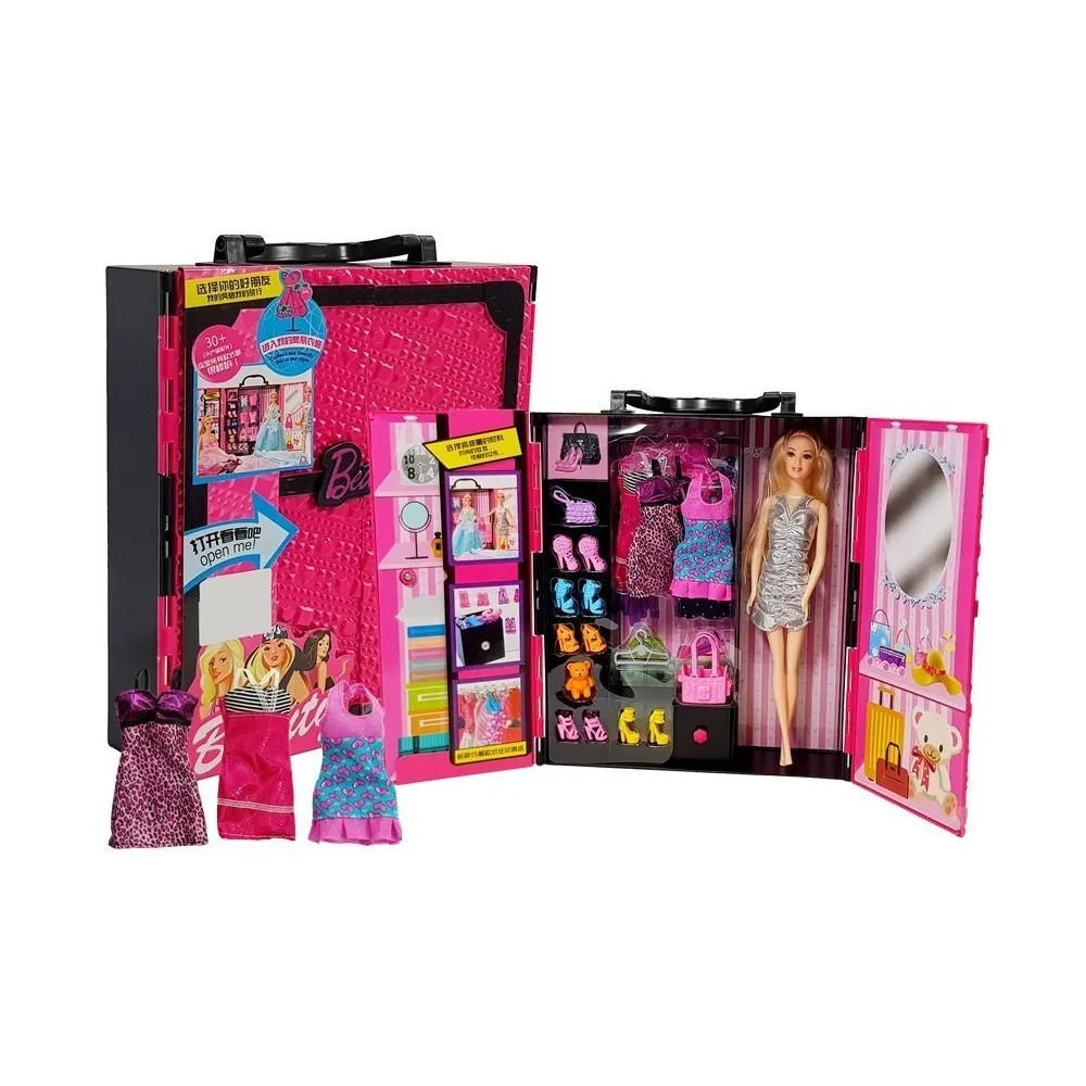 Szafa modowa dla lalek z różową walizką pełna akcesoriów do stylizacji
