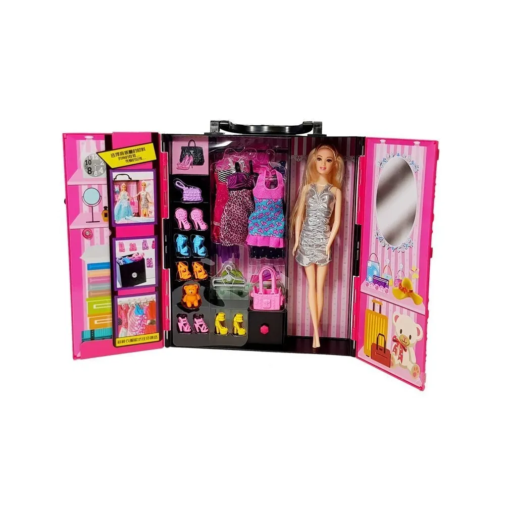 Zestaw modowy dla lalki z garderobą, sukienkami i dodatkami