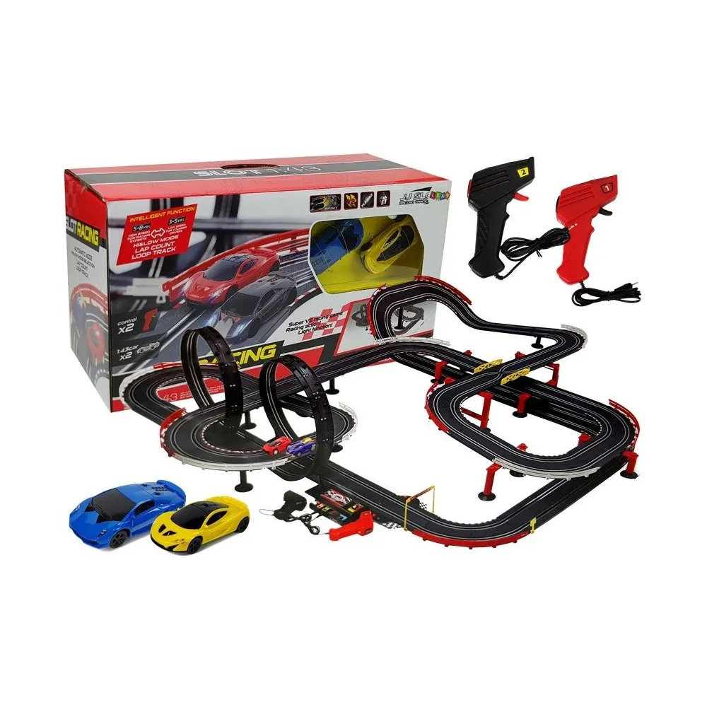 Duży tor wyścigowy dla dzieci z dwoma samochodzikami Turbo 1:43 i kontrolerami