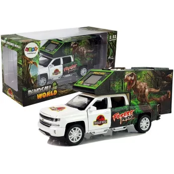 Biały camper-zabawka z motywem dinozaurów i efektami świetlnymi