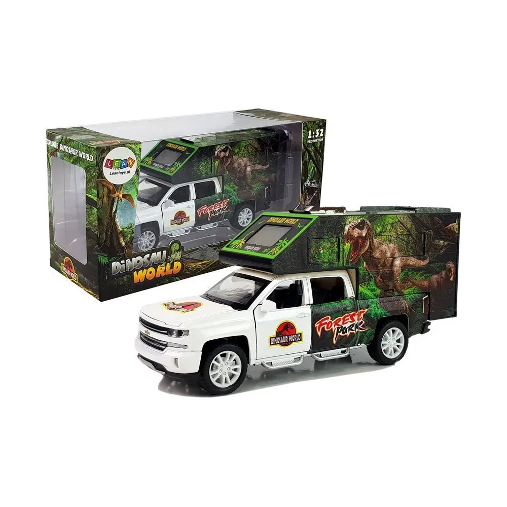 Biały camper-zabawka z motywem dinozaurów i efektami świetlnymi
