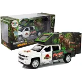 Biały camper-zabawka z motywem dinozaurów i efektami świetlnymi