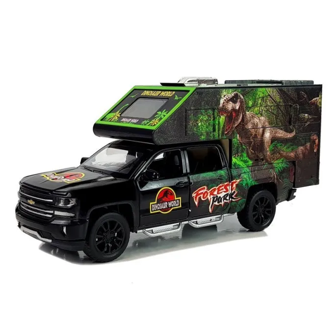 Zabawka camper z dinozaurami, efekt świetlny świecących reflektorów