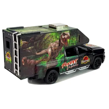 Camper dla dzieci z grafikami dinozaurów, otwierane drzwi i wnętrze