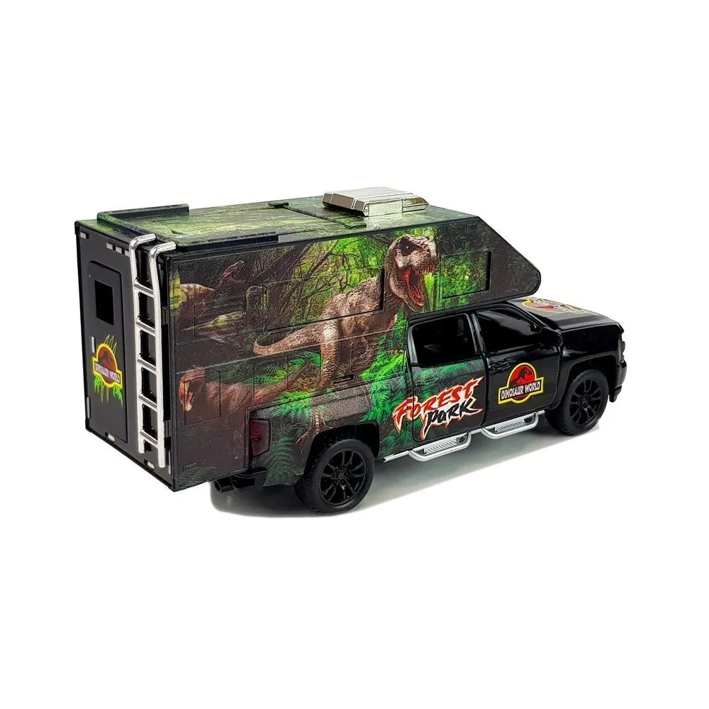 Camper dla dzieci z grafikami dinozaurów, otwierane drzwi i wnętrze