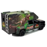 Camper dla dzieci z grafikami dinozaurów, otwierane drzwi i wnętrze