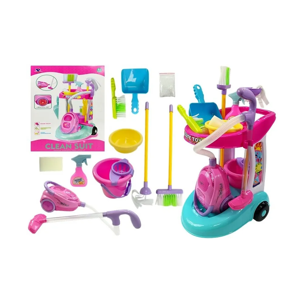 Zestaw do sprzątania na wózku z różowym odkurzaczem dla dzieci