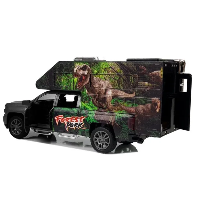 Realistyczny model campera z dinozaurami, widok z przodu