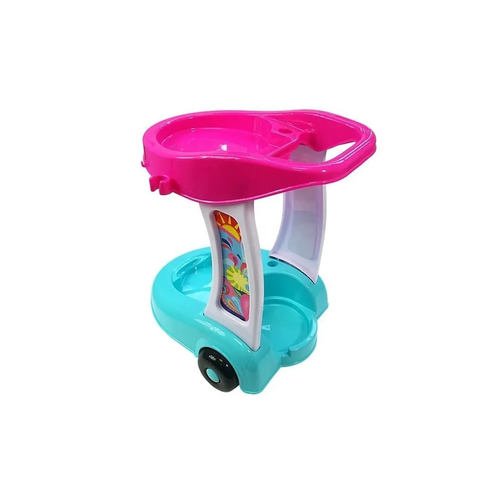 Kolorowy wózek do sprzątania z zabawkowym odkurzaczem i mopem