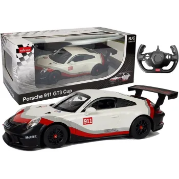 Białe auto R/C Porsche 911 GT3 CUP 1:14 w dynamicznej pozie na tle asfaltu
