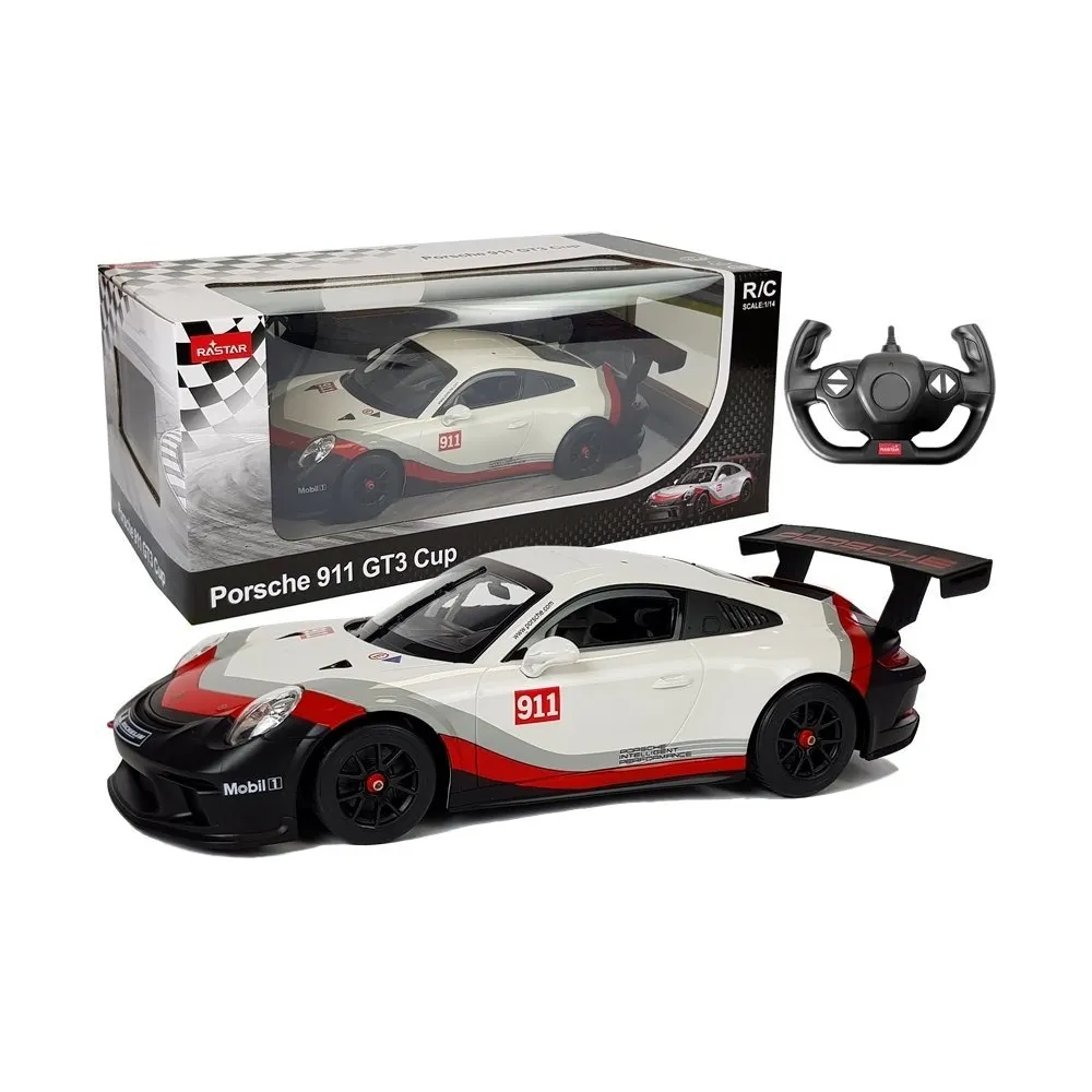 Białe auto R/C Porsche 911 GT3 CUP 1:14 w dynamicznej pozie na tle asfaltu