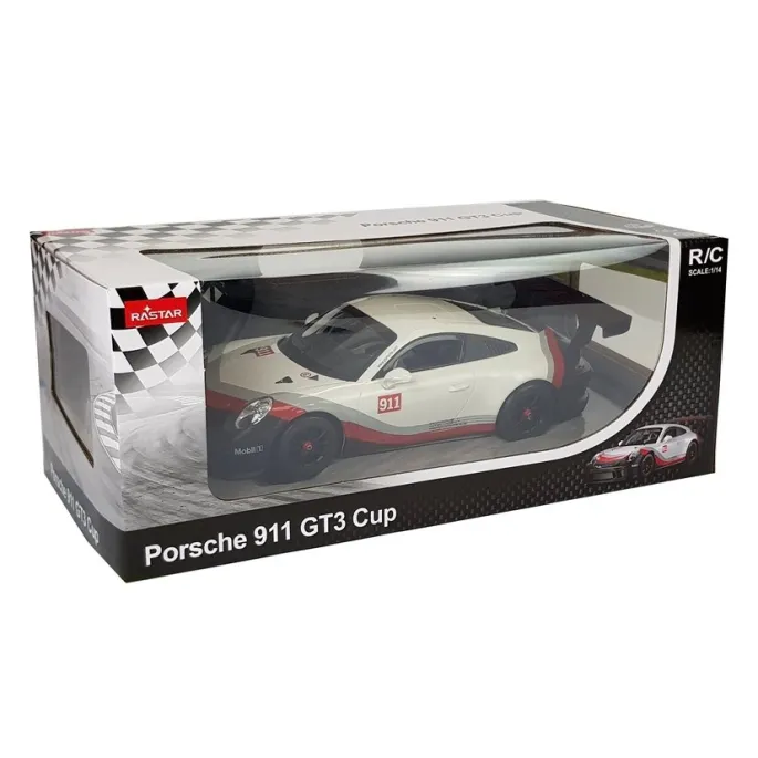Auto R/C Porsche 911 GT3 CUP na białym tle prezentujące sportowy design