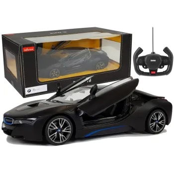 Czarny model BMW i8 Rastar 1:14 widok z boku na jasnym tle