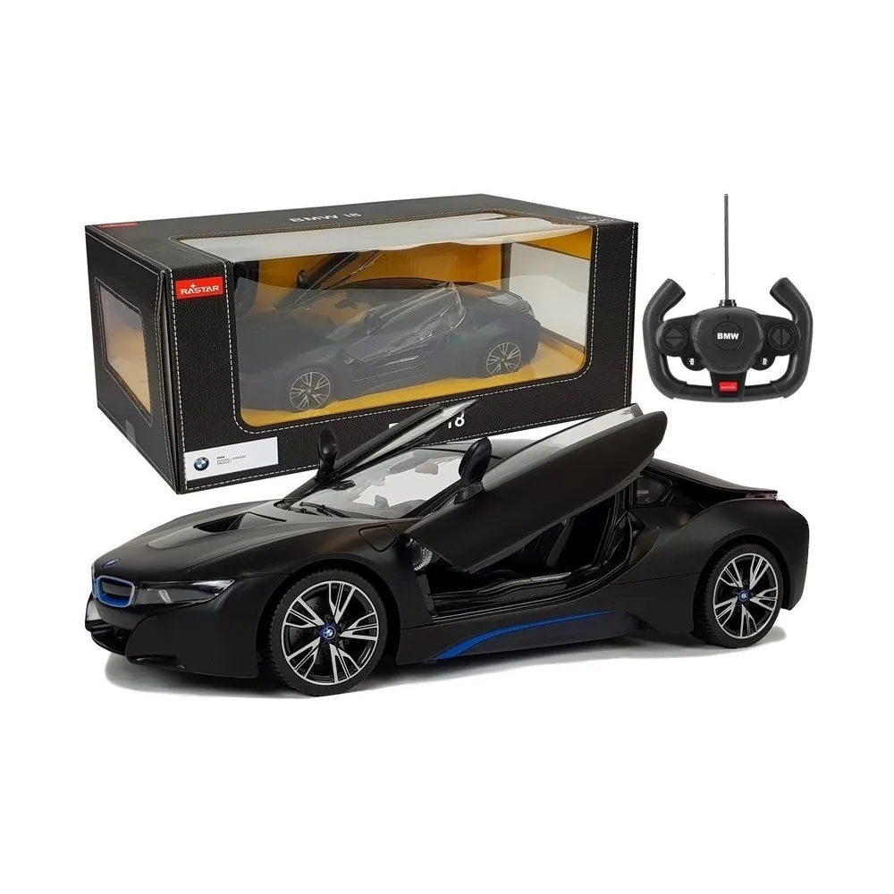 Czarny model BMW i8 Rastar 1:14 widok z boku na jasnym tle
