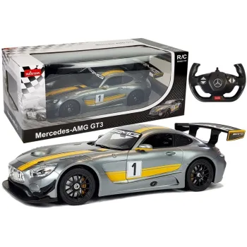 Szary Mercedes AMG GT3 Rastar 1:14 na białym tle z pilotem